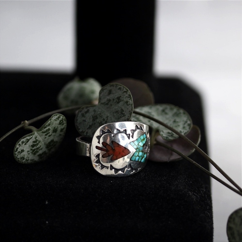 Della & Francis James Navajo Sterling Silver Turquoise Coral Inlay Ring Size 8